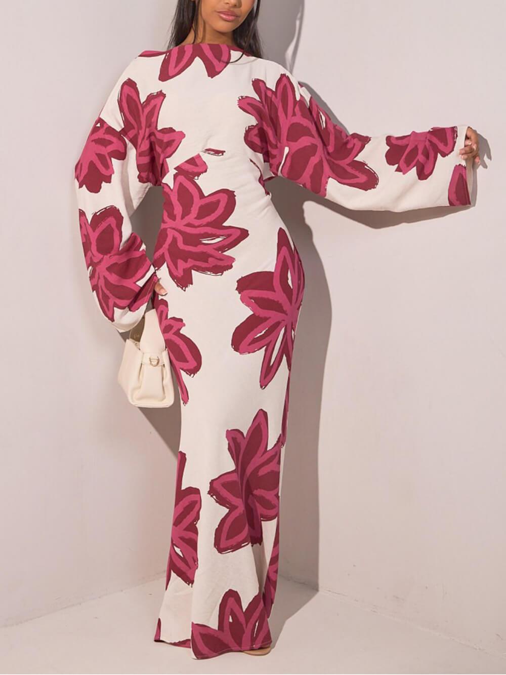 Aurohaya Elegant Floral Print Waist-Defined Maxi Dress
