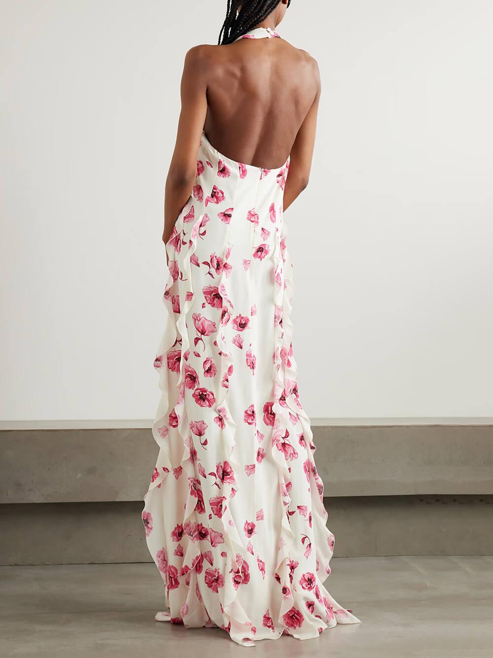 Aurohaya Retro Ruffle Floral Print Chiffon Crepe Chine Halter Maxi Dress