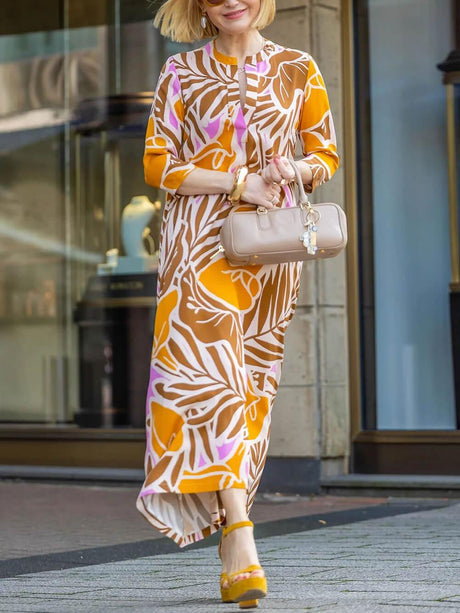 Aurohaya Casual Effortless V-Neck Printed Vacation Maxi Dress