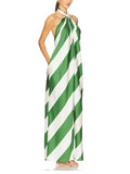 Aurohaya Exquisite Striped Print Halter Neck Backless Maxi Dress