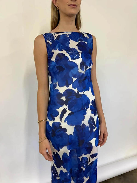 Aurohaya Elegant Floral Print Tie-Back Draped Open-Back Maxi Dress