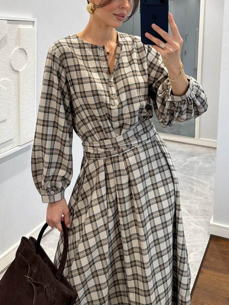 Aurohaya Retro Plaid Print Belted Midi Dress
