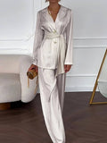 Elegant Lapel Striped Print Tie-Waist Blazer