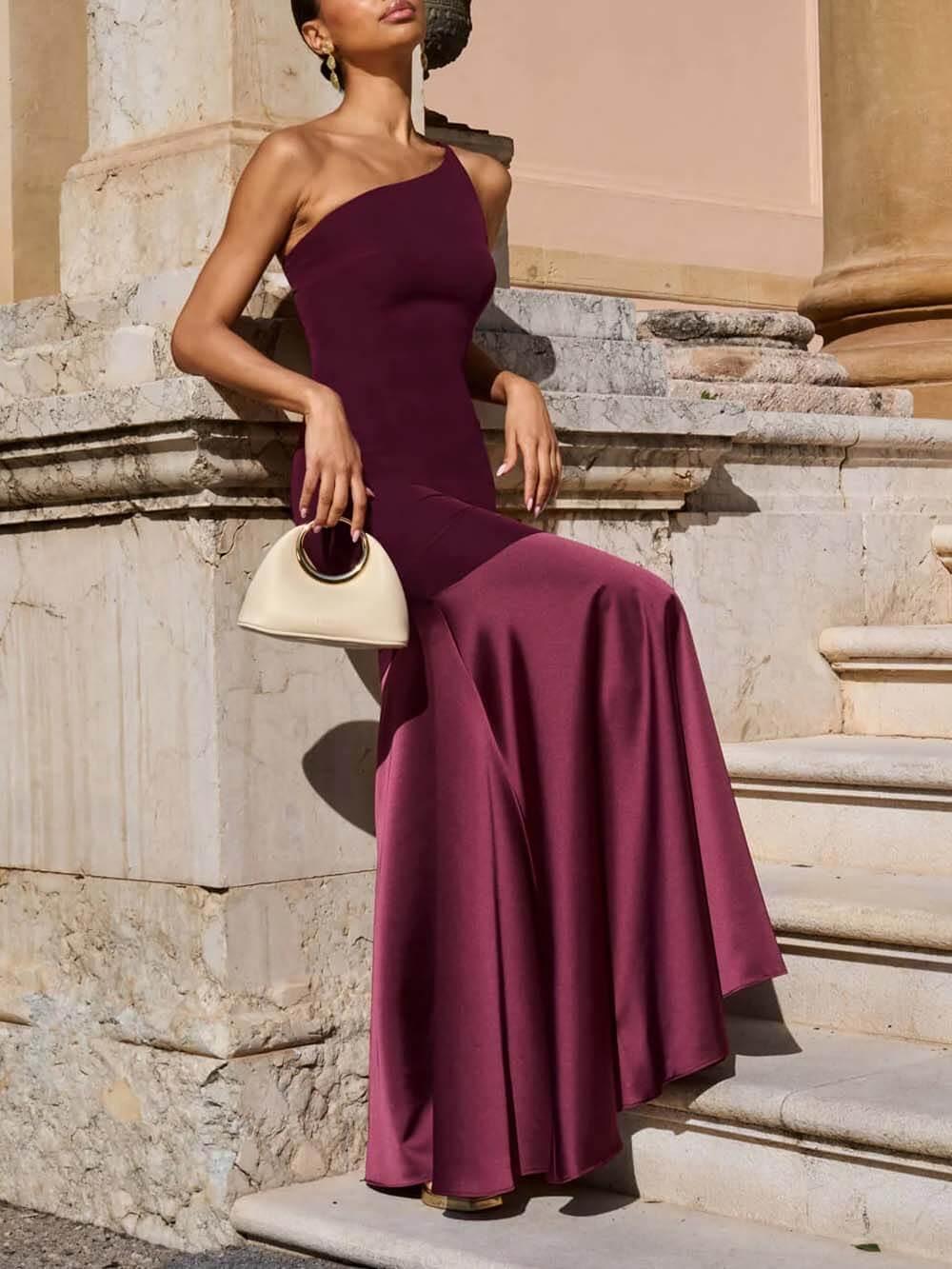 Aurohaya Elegant One-Shoulder Maroon Panel Mermaid Maxi Dress