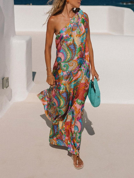 Aurohaya Elegant Breeze Satin Unique Print Bow One Shoulder Loose Maxi Dress