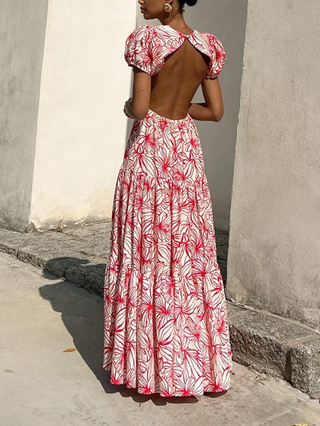 Aurohaya Beautiful Floral Print Cutout Open Back Pleated Maxi Dress