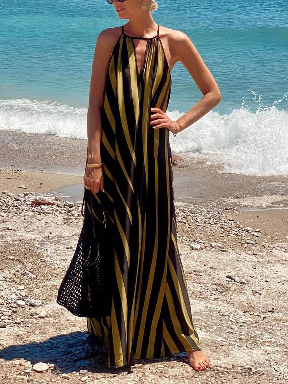Aurohaya Summer Casual Contrast Stripe Print Lace-Up Holiday Maxi Dress Yellow