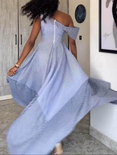 Aurohaya Classic Stripe Print One-Shoulder Asymmetrical Maxi Dress
