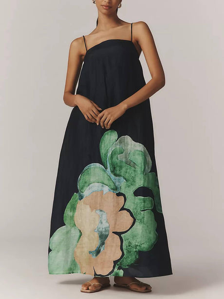 Aurohaya Delicate Strappy Backless Floral Linen Maxi Dress