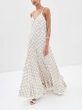 Aurohaya Elegant Plaid Print Pleated Crepe Maxi Dress