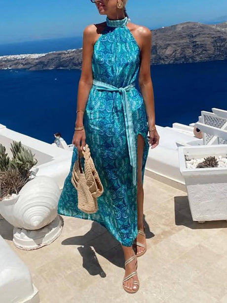 Aurohaya Bohemian Unique Print Slit Belted High Collar Maxi Dress