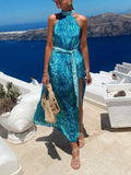 Bohemian Unique Print Slit Belted High Collar Maxi Dress
