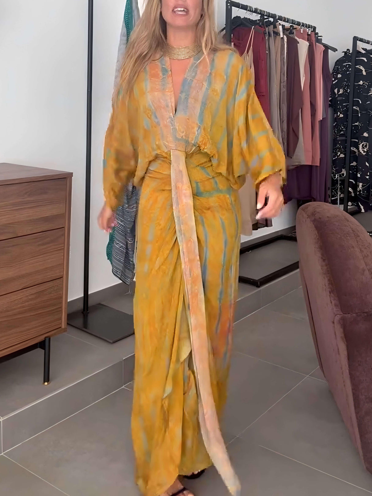 Aurohaya Casual Bohemian Kimono-Inspired Tie-Dye Waisted Maxi Dress