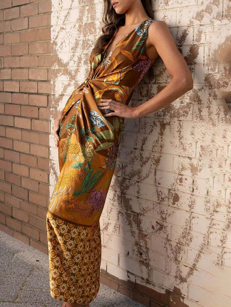 Aurohaya Delicate Floral Print V-Neck Twisted Draped Satin Maxi Dress