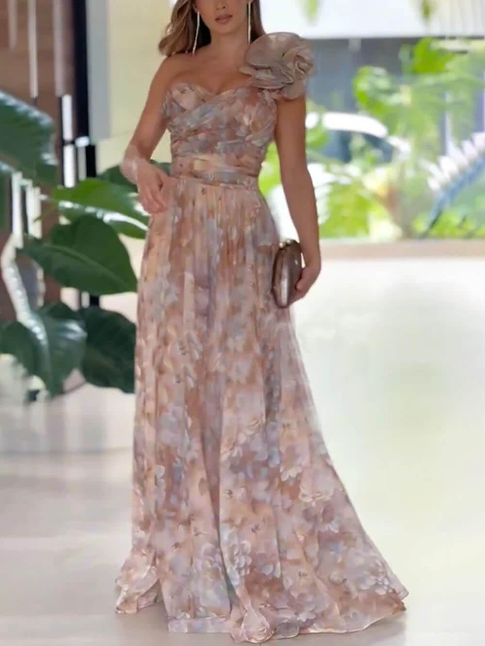 Aurohaya Elegant Romantic Ball Chiffon Floral One-shoulder Pleated Design Back Lace-up Gown Maxi Dress