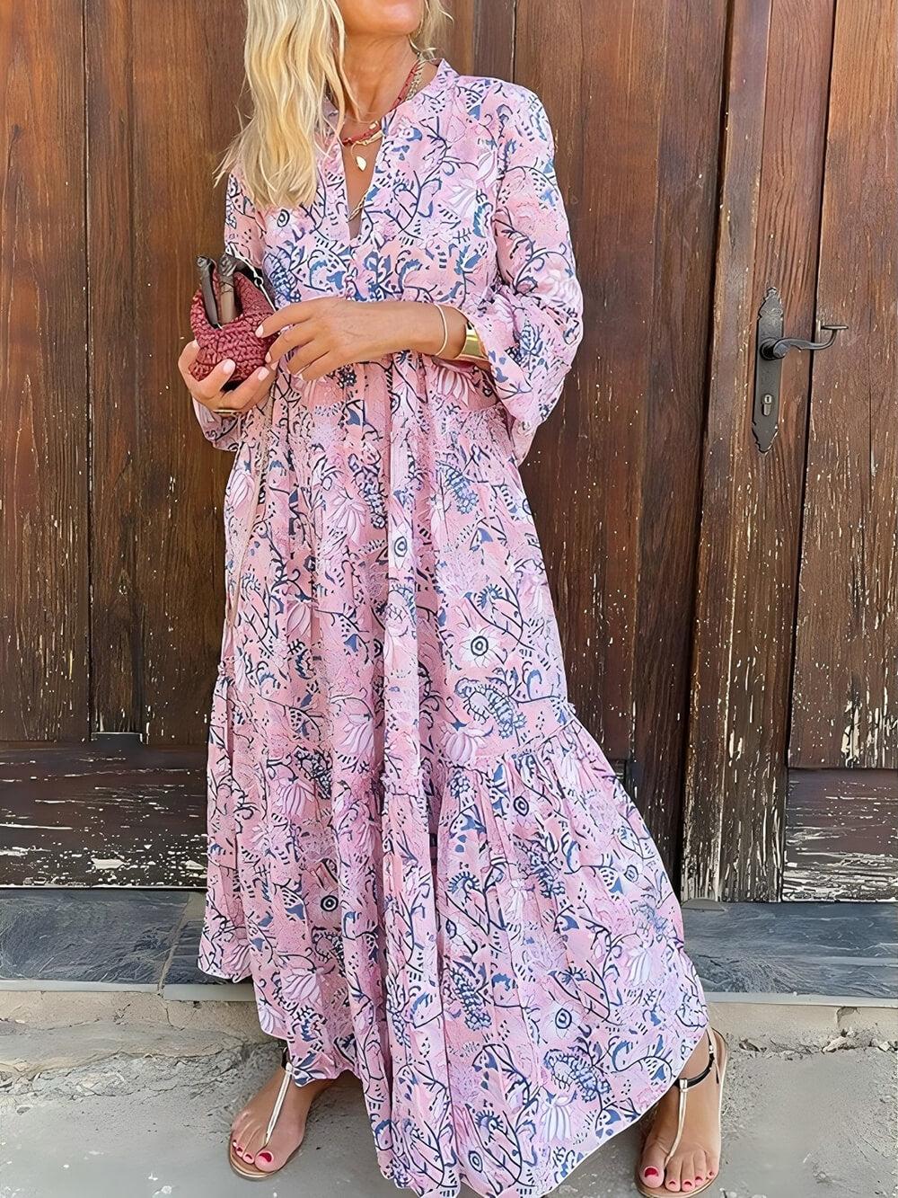Aurohaya Fashionable Floral Print Loose V-Neck Holiday Maxi Dress Pink