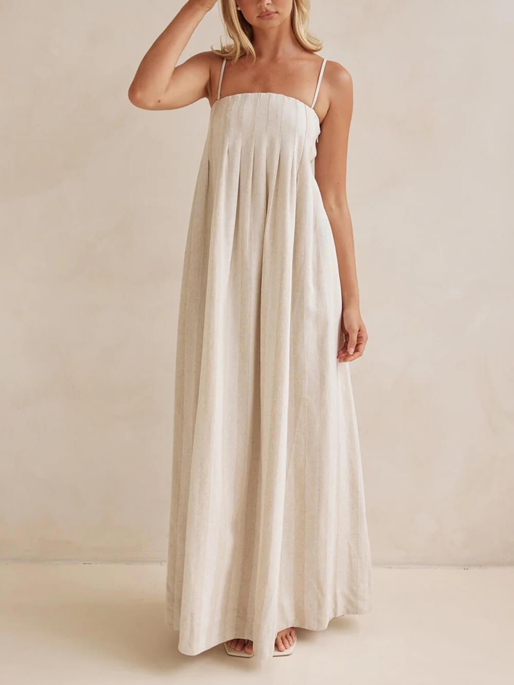 Aurohaya Delicate Striped Patchwork Ruched Casual Cami Maxi Dress