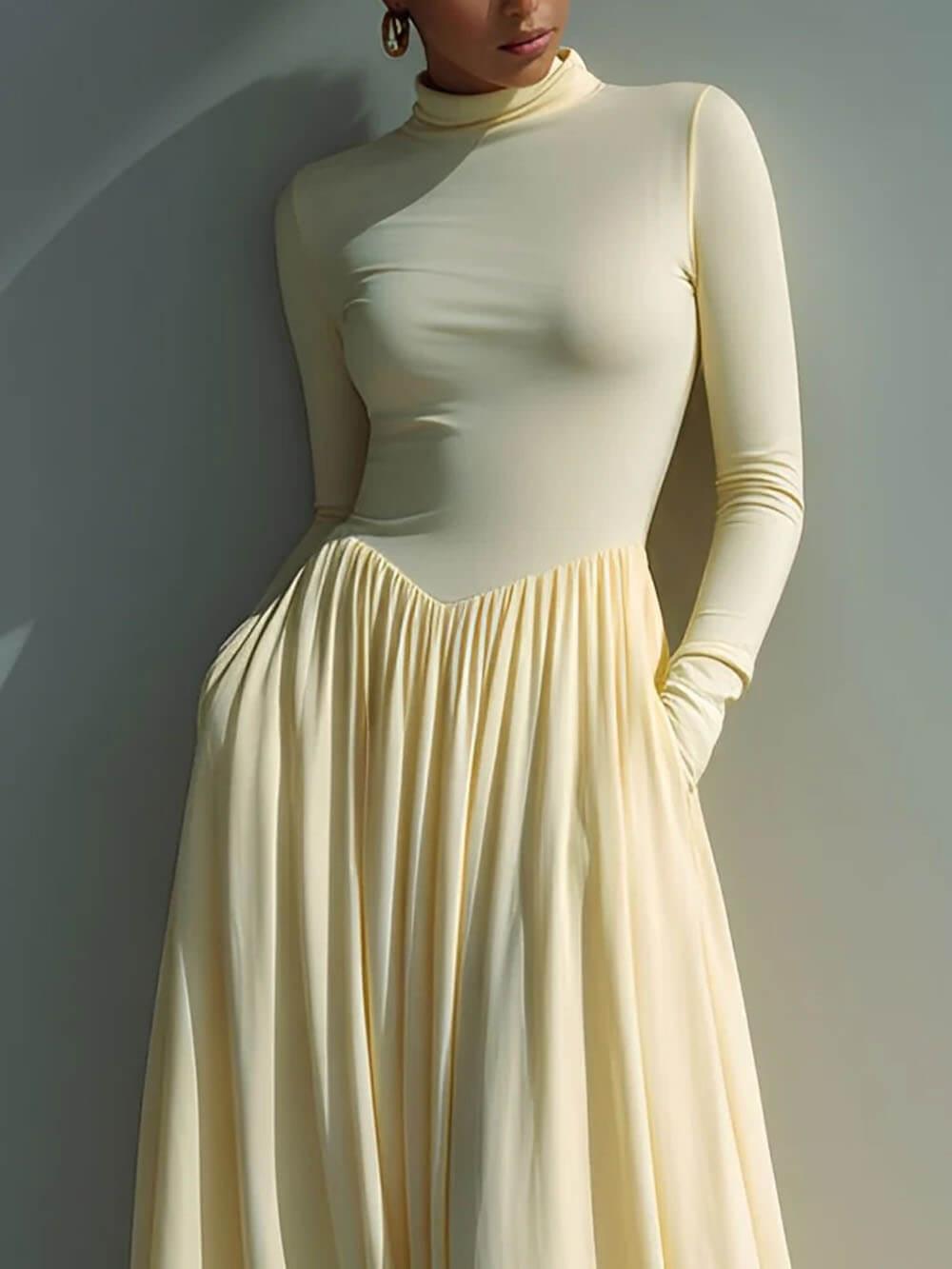 Aurohaya Exquisite Turtleneck Pleated Pocket Maxi Dress