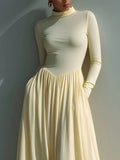 Exquisite Turtleneck Pleated Pocket Maxi Dress