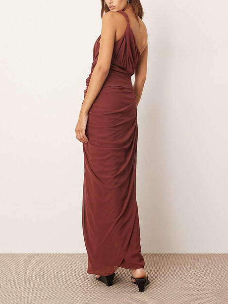 Aurohaya Elegant One-Shoulder Draped Twist Metal Trim Maxi Dress