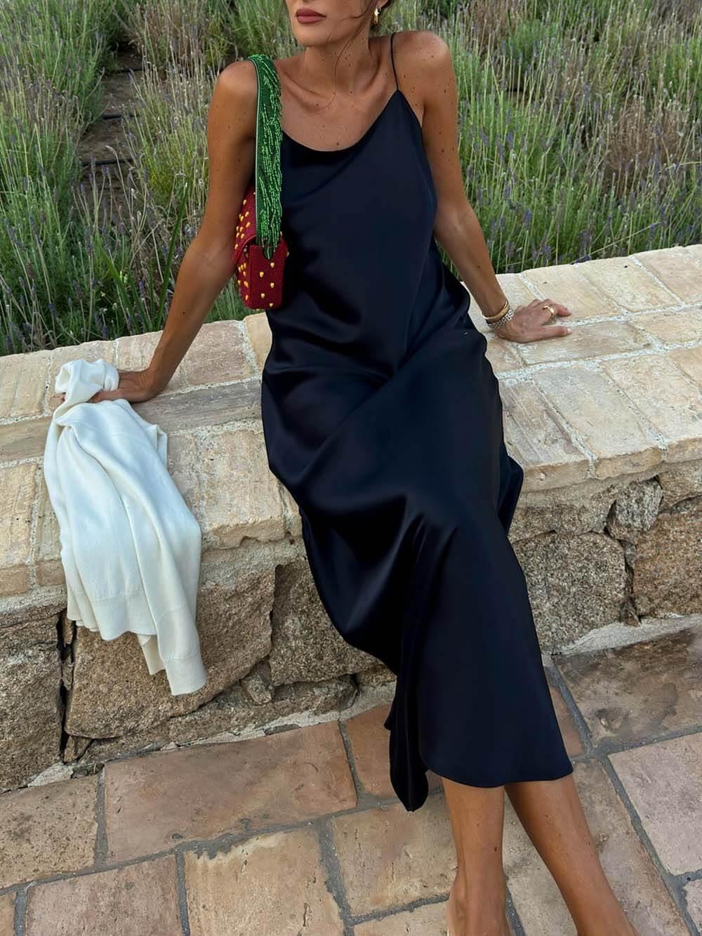 Aurohaya Casual Satin Backless Cami Maxi Dress