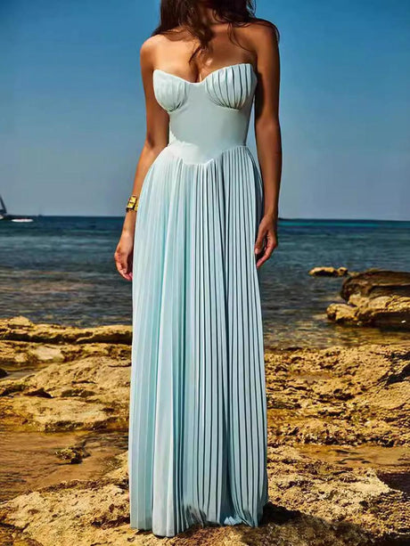 Aurohaya Elegant Pleated Strapless Maxi Dress Blue