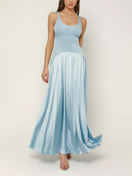 Aurohaya Elegant Curved Waist Spliced Satin Party Maxi Dress Blue
