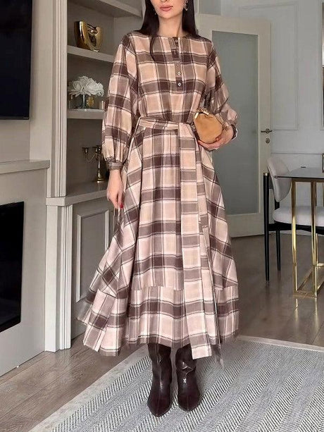 Aurohaya Casual Plaid Print Belted Maxi Dress
