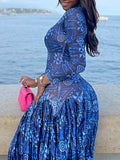 Unique Mesh Ruched Panel Print Stretch Maxi Dress