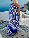 Unique Printed Cutout One-shoulder Holiday-style Loose Maxi Dress