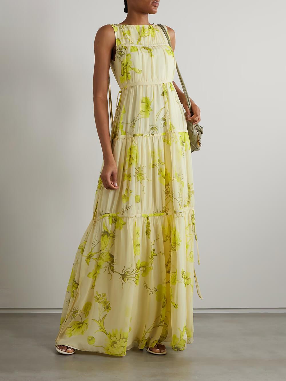 Aurohaya Vintage Bloom Tie-Front Layered Floral Print Chiffon Casual Maxi Dress Yellow