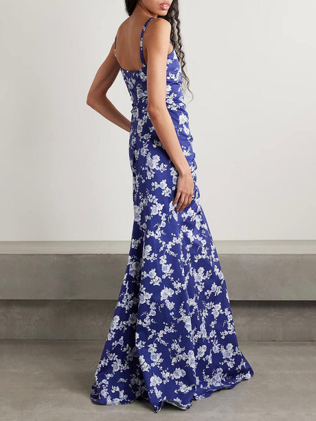 Aurohaya Elegant Ruffled Floral Print Satin Maxi Dress