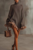 Fashion Solid Color Turtleneck Long-sleeved Loose Ruffle Knit Mini Dress