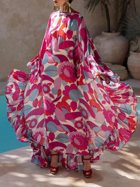 Aurohaya Exquisite Floral Print Pleated Batwing Sleeves Loose-Fitting Maxi Dress Purple