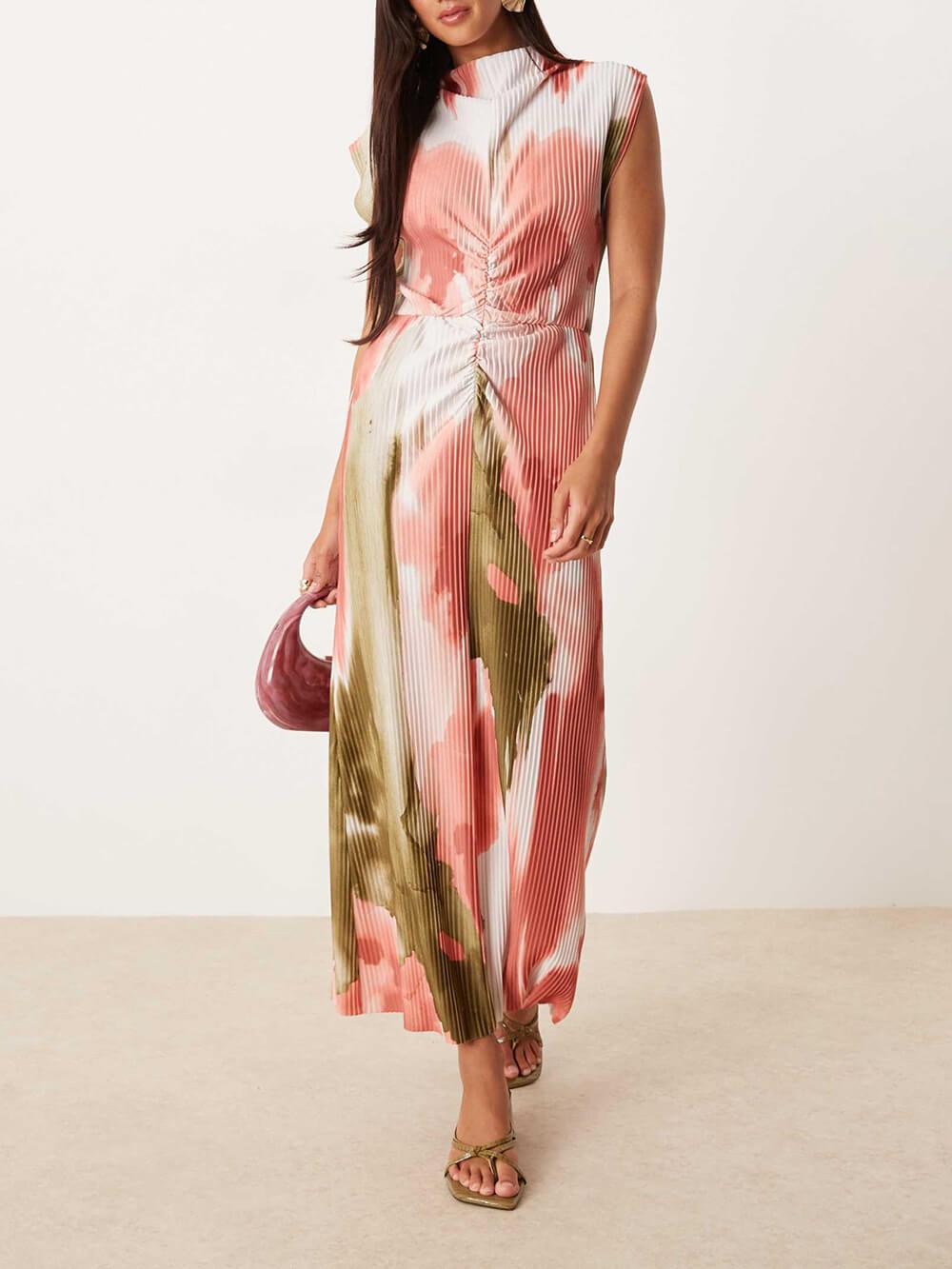 Aurohaya Elegant Floral Print Ruched High-Twist Neck Midi Dress Multicolor