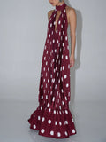 Elegant Polka Dot Backless Halter Evening Gown Maxi Dress