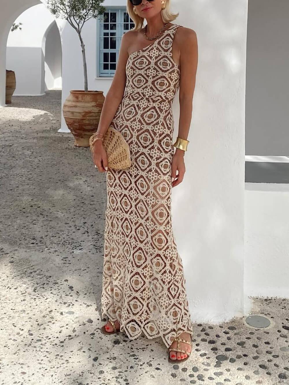 Aurohaya Summer Obsession One-Shoulder Crochet Lace Maxi Dress