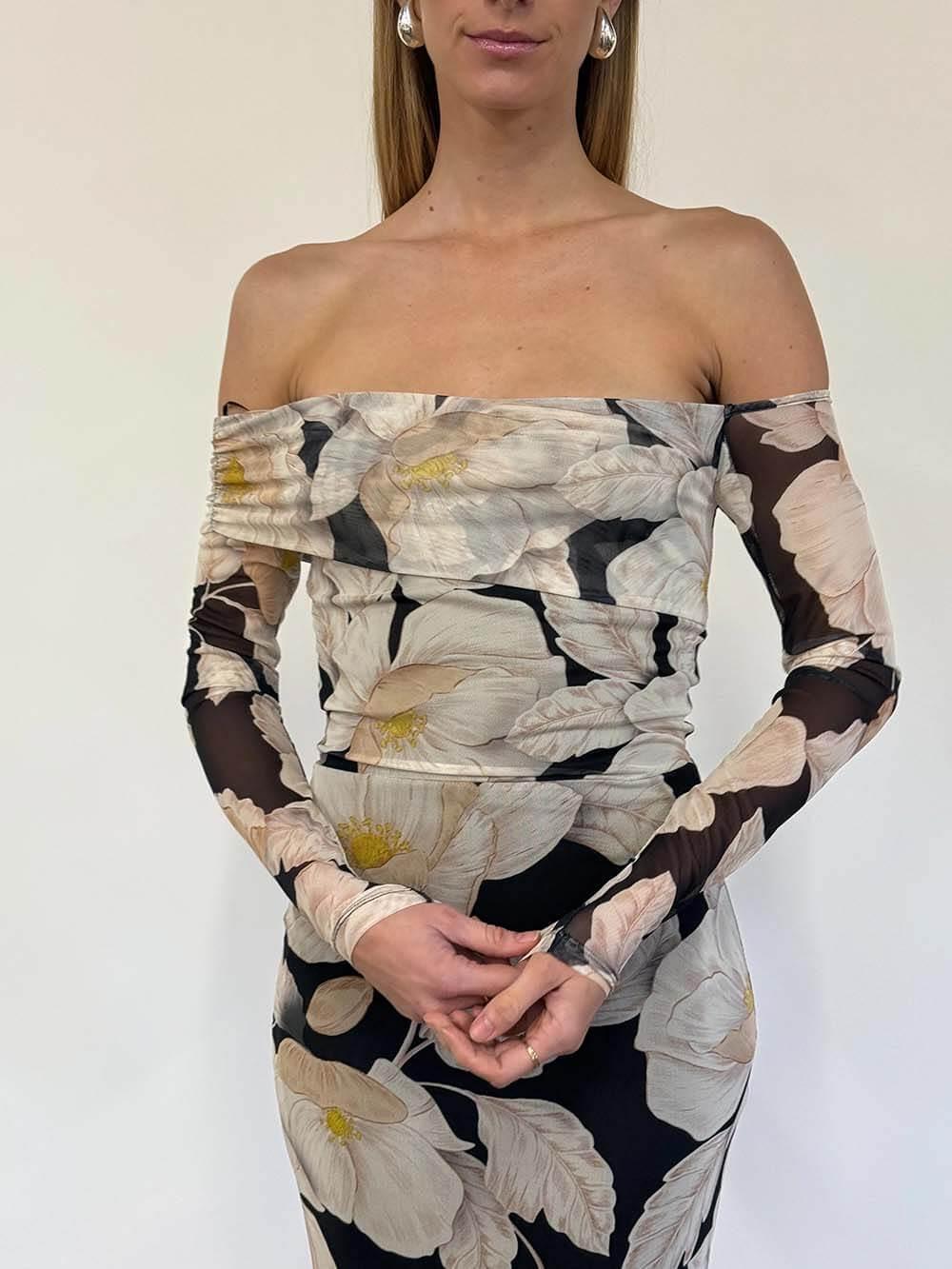 Aurohaya Elegant Floral Print Off-Shoulder Mesh Maxi Dress