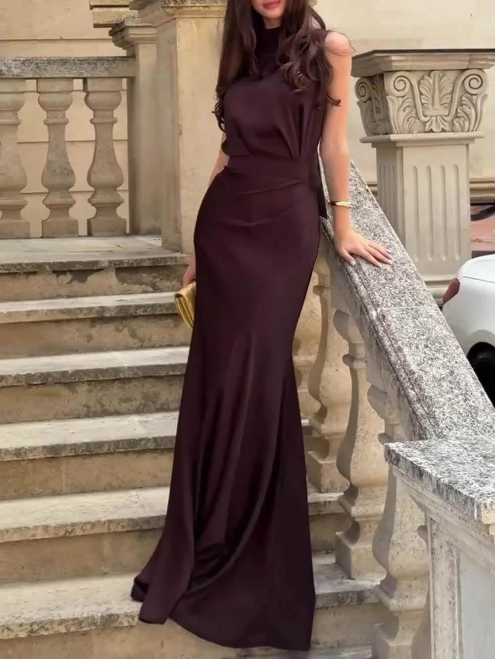 Aurohaya Exquisite Chocolate Brown High-neck Sleeveless Maxi Dress