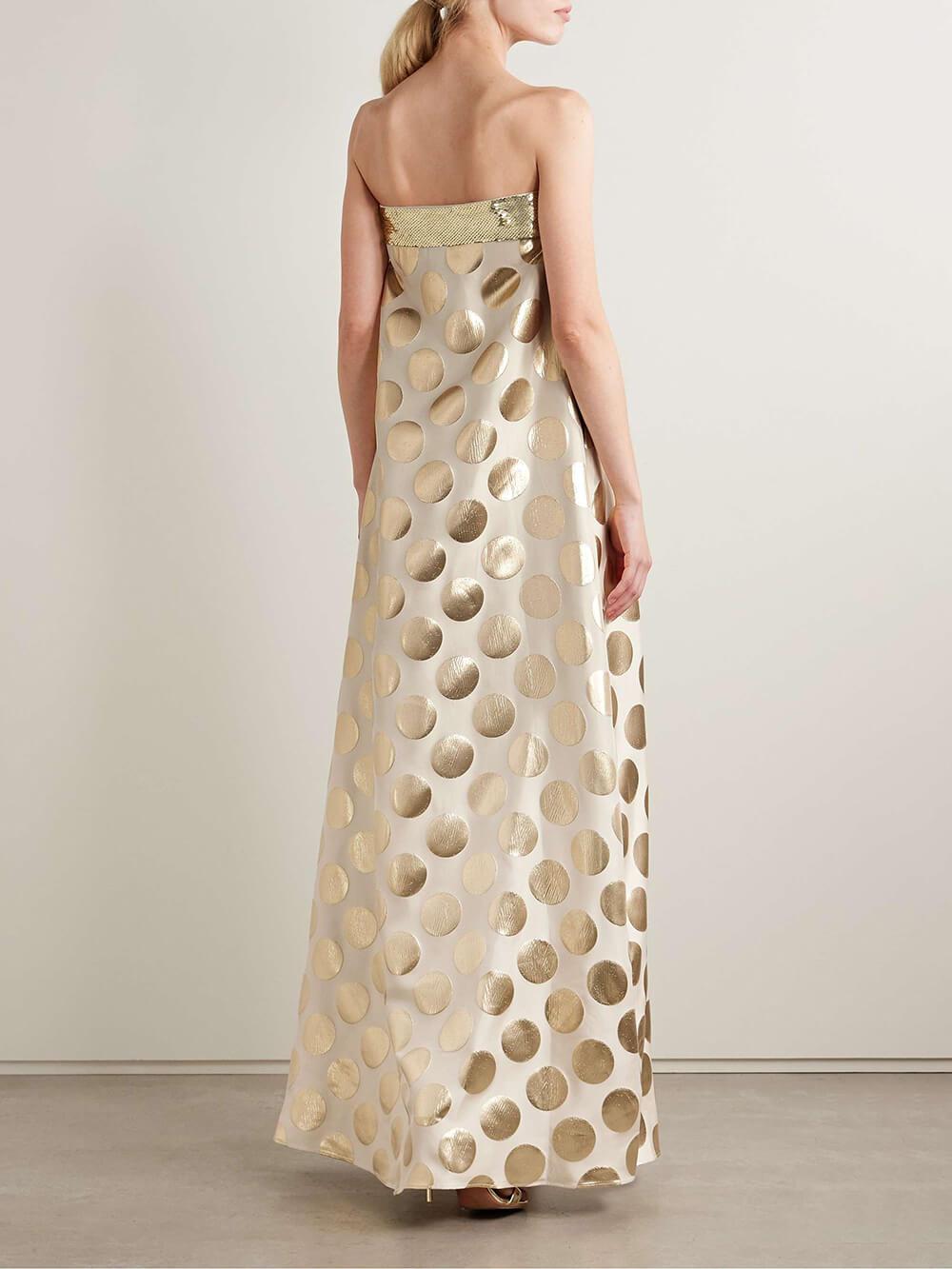 Aurohaya Elegant Off-Shoulder Sequin Metallic Polka Dot Maxi Dress