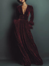 Aurohaya Classic Pleated Suede Deep V-Neck Feather Panel Maxi Dress Burgundy