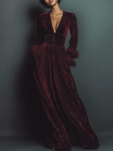 Classic Pleated Suede Deep V-Neck Feather Panel Maxi Dress