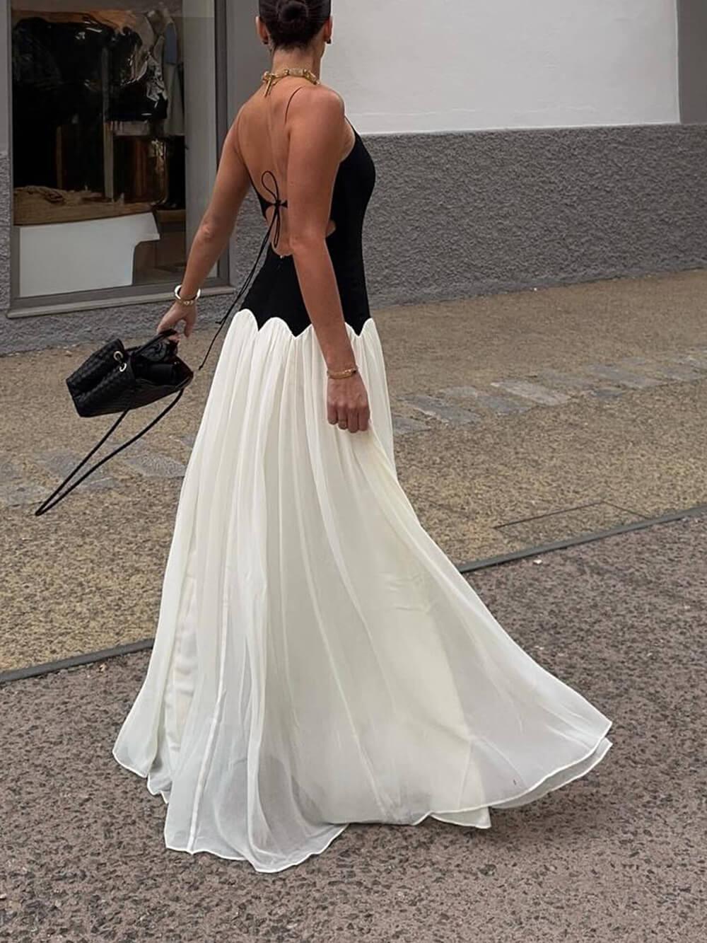 Aurohaya Elegant Color-Block Spaghetti Strap Backless Maxi Dress