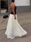 Aurohaya Elegant Color-Block Spaghetti Strap Backless Maxi Dress