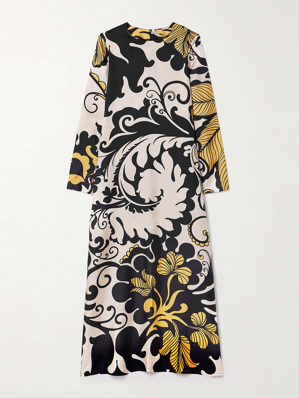 Aurohaya Unique Satin Swing Print Twill Midi Dress