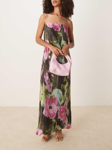 Aurohaya Sexy Strapless Off-the-Shoulder Floral Print Pleated Maxi Dress Green