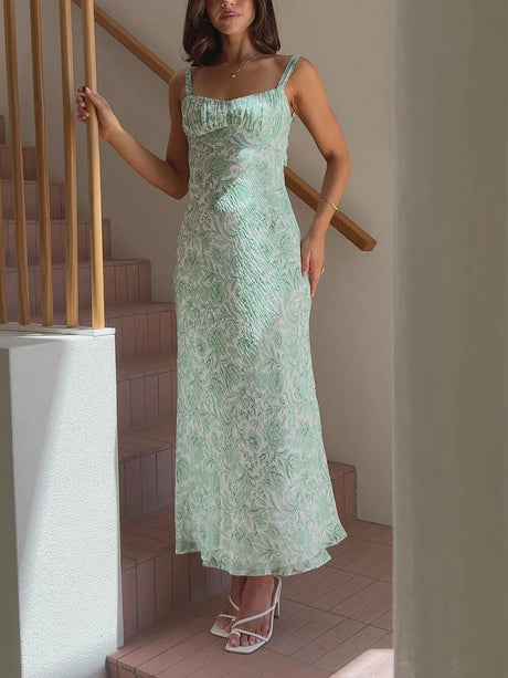 Aurohaya Sophisticated Floral Print Open Back Pleated Midi Dress