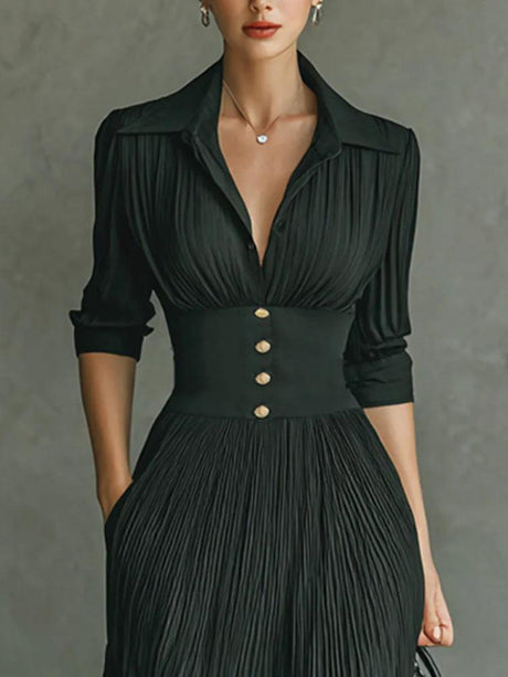 Aurohaya Elegant Pleated Lapel Long-sleeved Maxi Dress