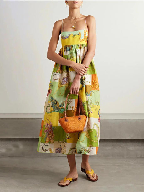 Aurohaya Unique Animal Print Tie Back Pleated Midi Dress Multicolor