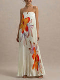 Aurohaya Elegant Sweetheart Orange Floral Print Pleated Maxi Dress